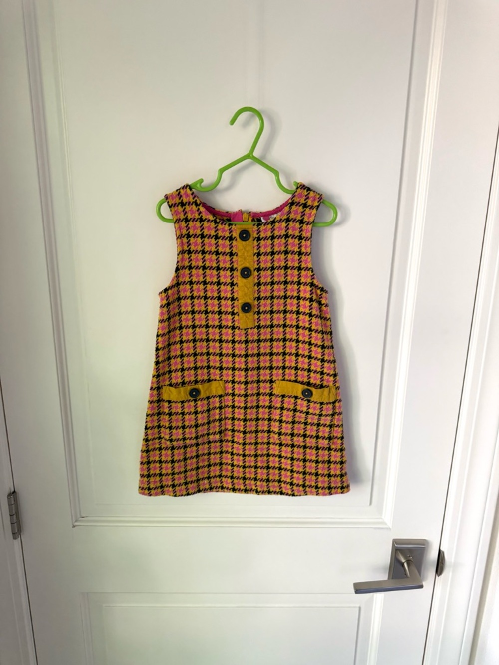 MINI BODEN 70s Retro Tweed Houndstooth Jumper Dress Pink Yellow Black 3-4Y Girls